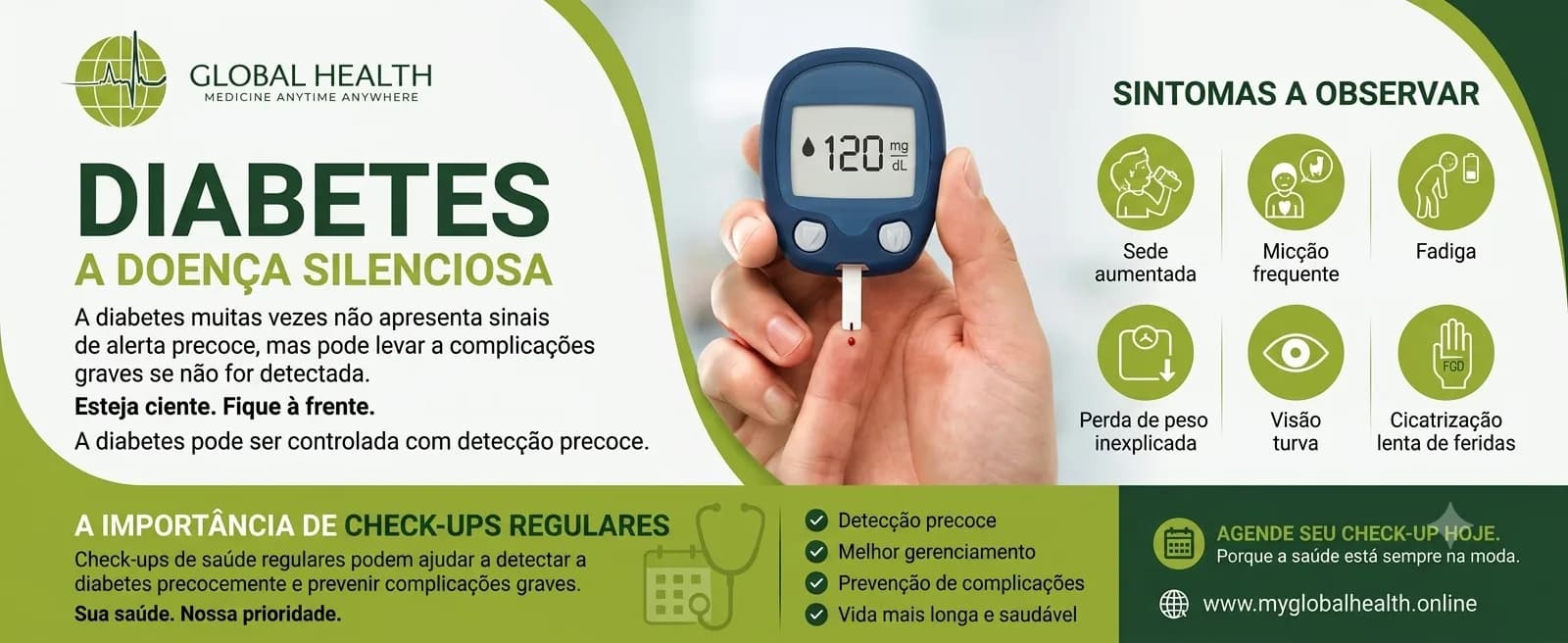 Informative Global Health infographic about diabetes, with the slogan "Medicine Anytime Anywhere." In the center, a hand holds a blue glucose meter showing a reading of "120 mg/dL" after a fingertip blood-drop test. On the left, the main headline reads "DIABETES THE SILENT DISEASE."