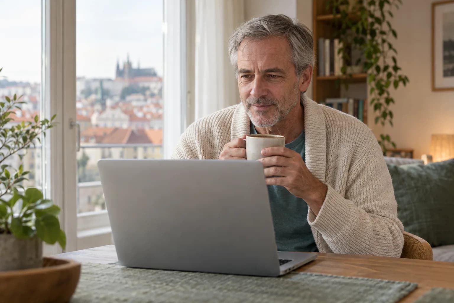 Muž kolem šedesáti let drží šálek čaje při online konzultaci doma, s výhledem na pražské střechy ze světlého okna.