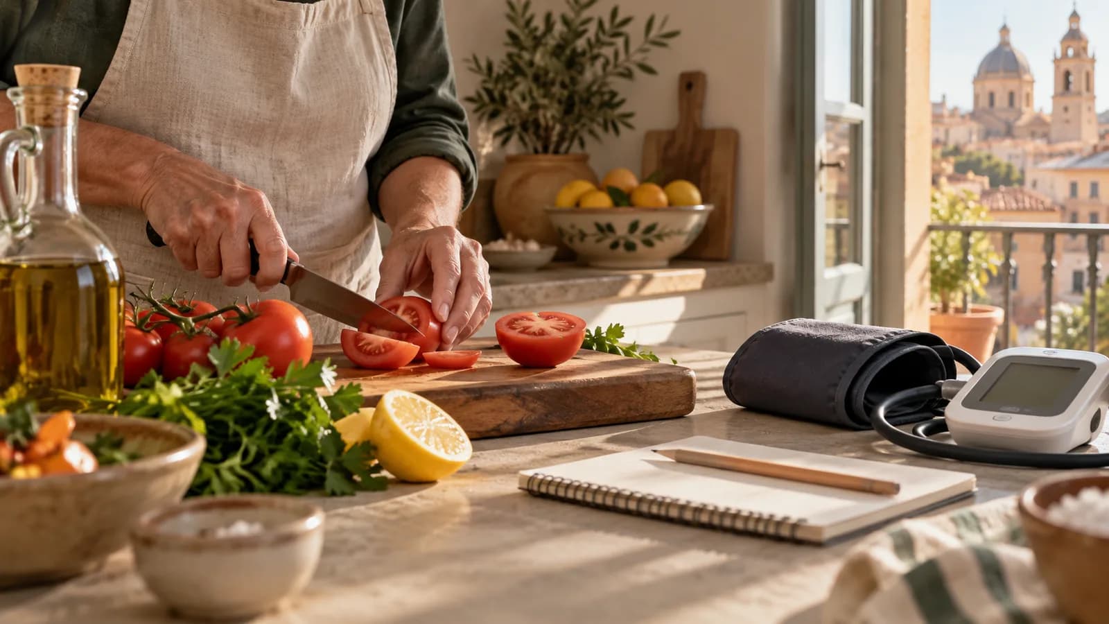 Hands chopping tomatoes next to olive oil, parsley, and an upper-arm blood pressure monitor with a notebook in a Mediterranean kitchen.