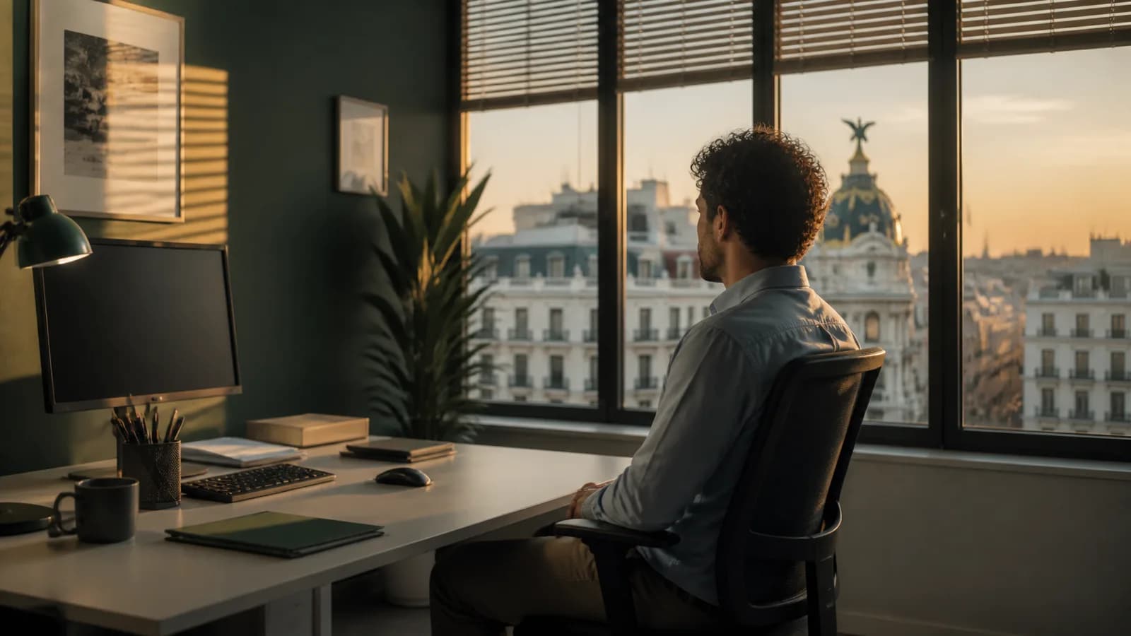 Angestellte in einem Madrider Büro am Ende des Arbeitstags, den Stuhl vom dunklen Monitor zum Fenster gedreht.