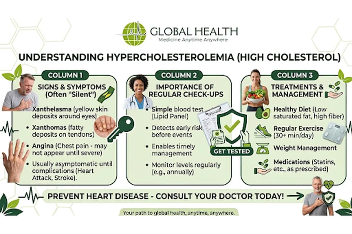 Infographic titled "Understanding Hypercholesterolemia (High Cholesterol)" from Global Health, divided into three columns: Column 1 covers signs and symptoms (often silent), listing xanthelasma, xanthomas, angina, and noting it's usually asymptomatic until complications like heart attack or stroke;