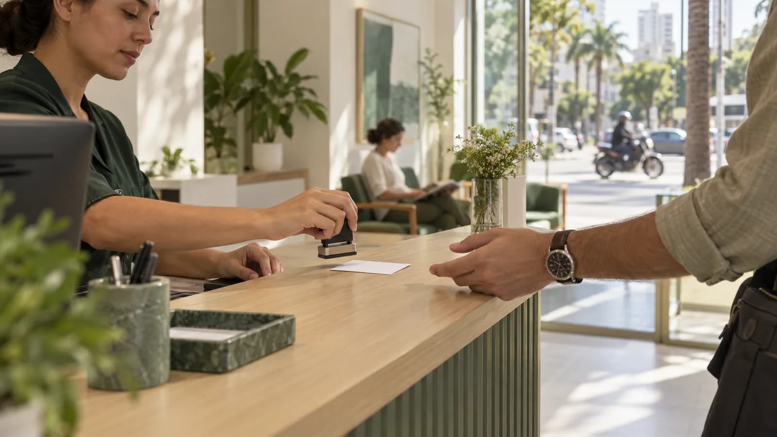 A receptionist stamps an attendance certificate at the front desk of a clinic in São Paulo and hands it to the patient.