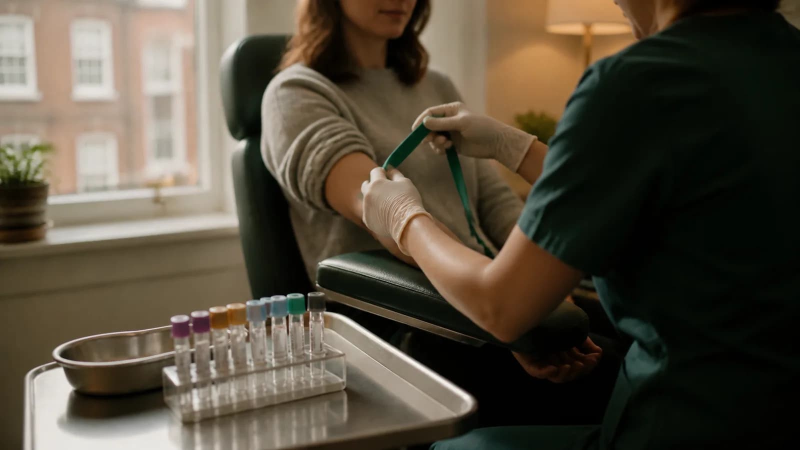 Phlebotomist applying a tourniquet to a patient's arm in a Dublin clinic, colour-capped blood sample tubes ready on a steel tray.