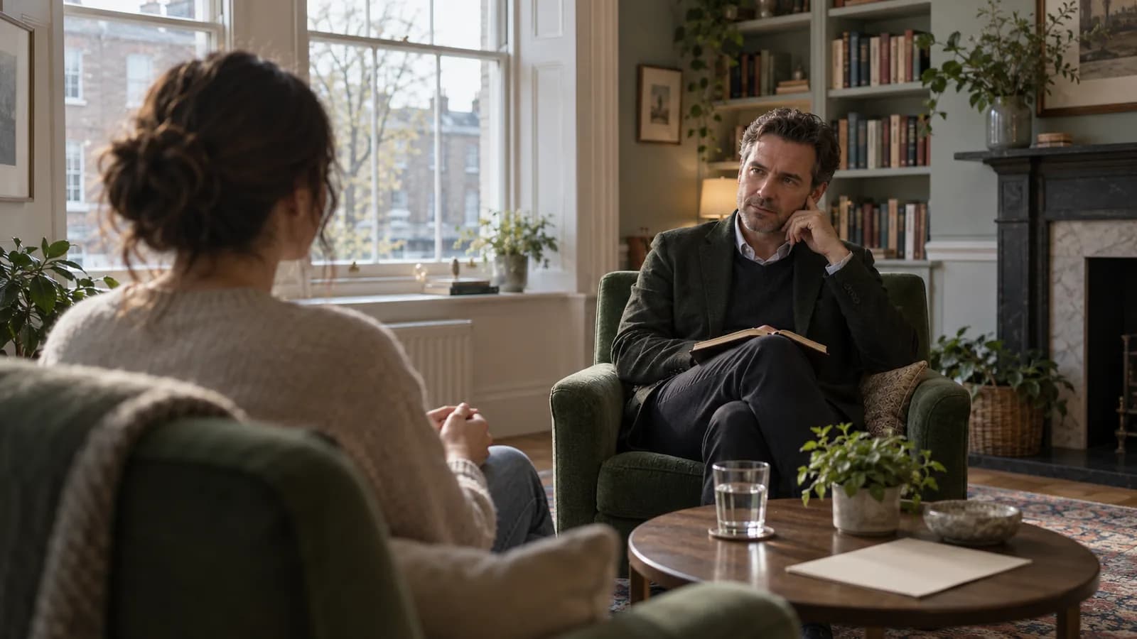 Clinician listening to a patient during an adult ADHD assessment in a calm Georgian consulting room in Dublin.