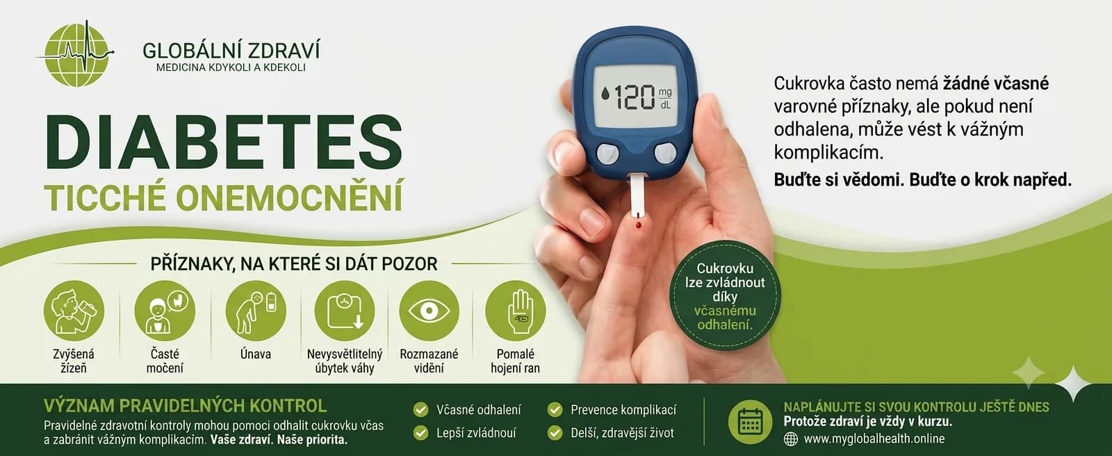 Informační banner o diabetu (cukrovce). Na obrázku je ruka držící glukometr se zobrazenou hodnotou 120 mg/dL a testovacím proužkem s kapkou krve. V levém horním rohu je logo "Globální zdraví". Hlavní nadpis zní: "DIABETES TICHÉ ONEMOCNĚNÍ". Text vedle glukometru uvádí: "Cukrovka často nemá žádné vč