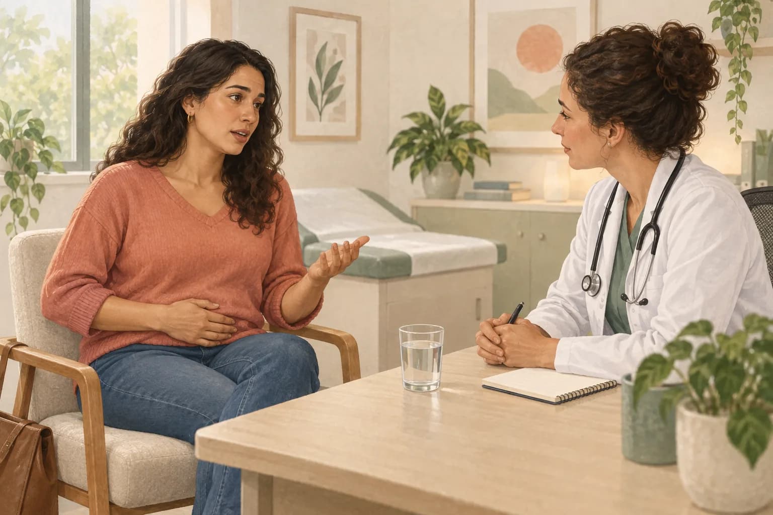 Uma mulher adulta conversa com uma médica sobre sintomas urinários em um consultório claro.