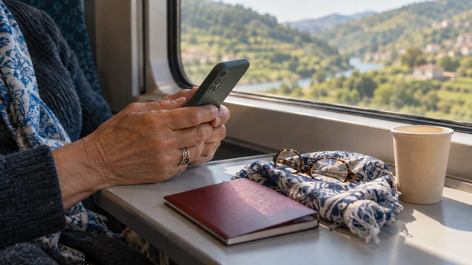 Mãos de uma senhora a segurar o telemóvel junto a um passaporte, numa viagem de comboio em Portugal.