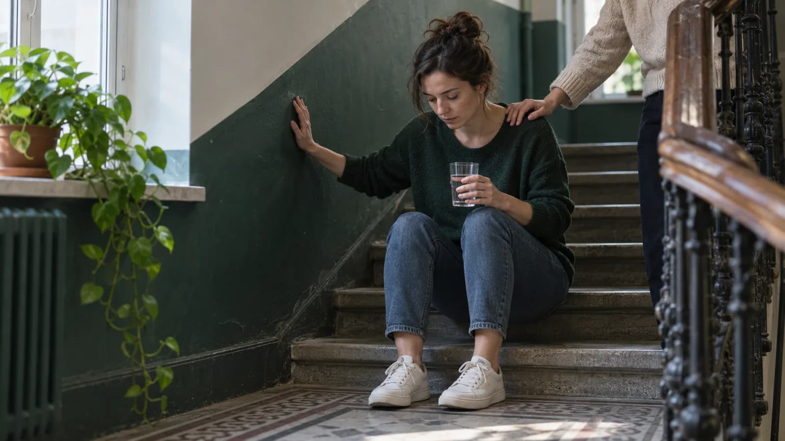 Žena sedící na schodu na chodbě bytového domu, se sklenicí vody v ruce a rukou jiné osoby na rameni, po záchvatu závratě.