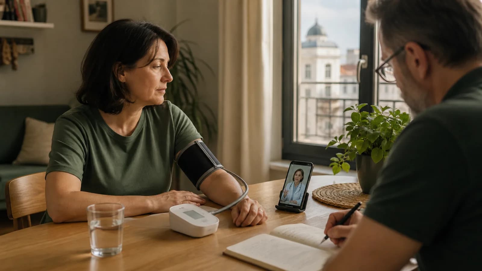 Woman repeats a blood-pressure reading at home while her family asks a doctor for advice by video.
