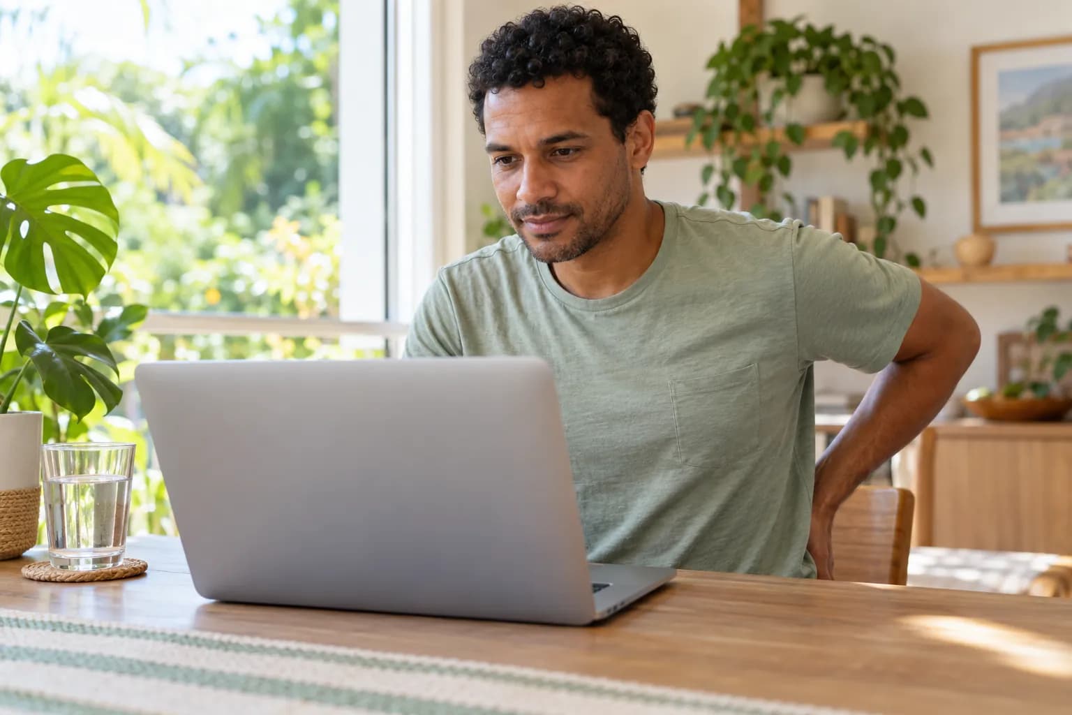 Person sitting at a desk at home with a hand resting on the lower back, in a room lit by natural light.