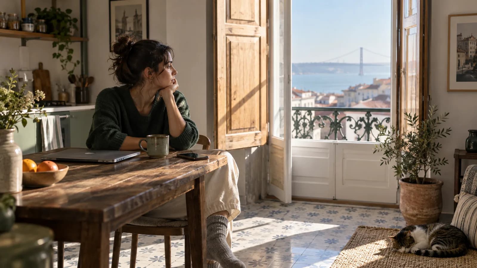 Mulher sentada à mesa da cozinha em Lisboa, com o portátil fechado, a olhar pela janela no primeiro dia de baixa psicológica.