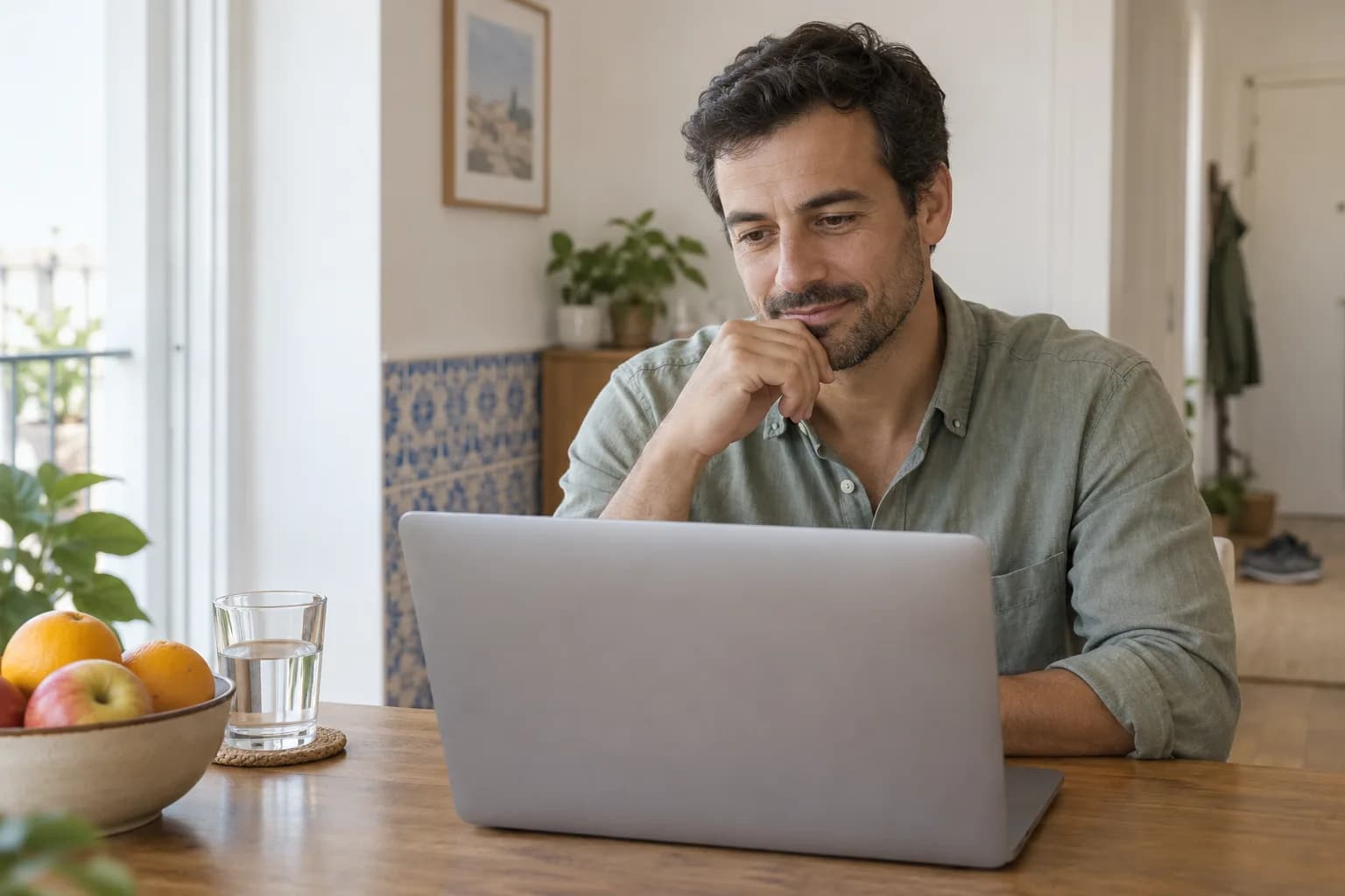 Mann bei einer Online-Sprechstunde zu Hause in Portugal, mit einer Obstschale und einem Wasserglas neben seinem Laptop und blau-weißen Fliesen im Hintergrund.