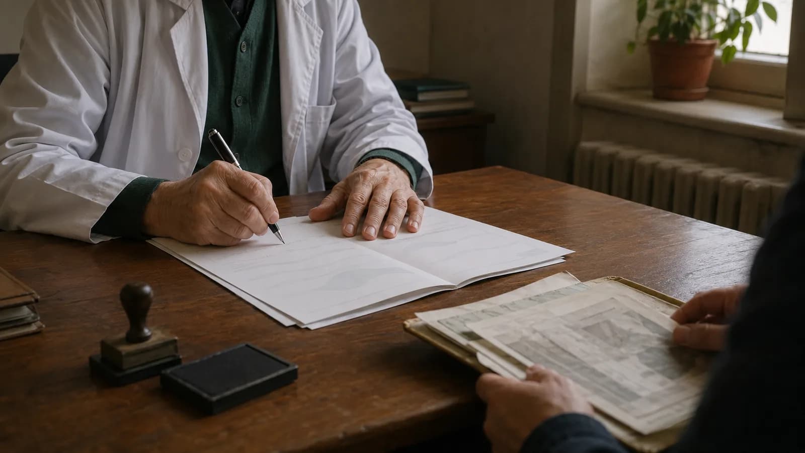 Medic specialist completează scrisoarea medicală în două exemplare, cu ștampila pe birou și pacientul în fața sa.