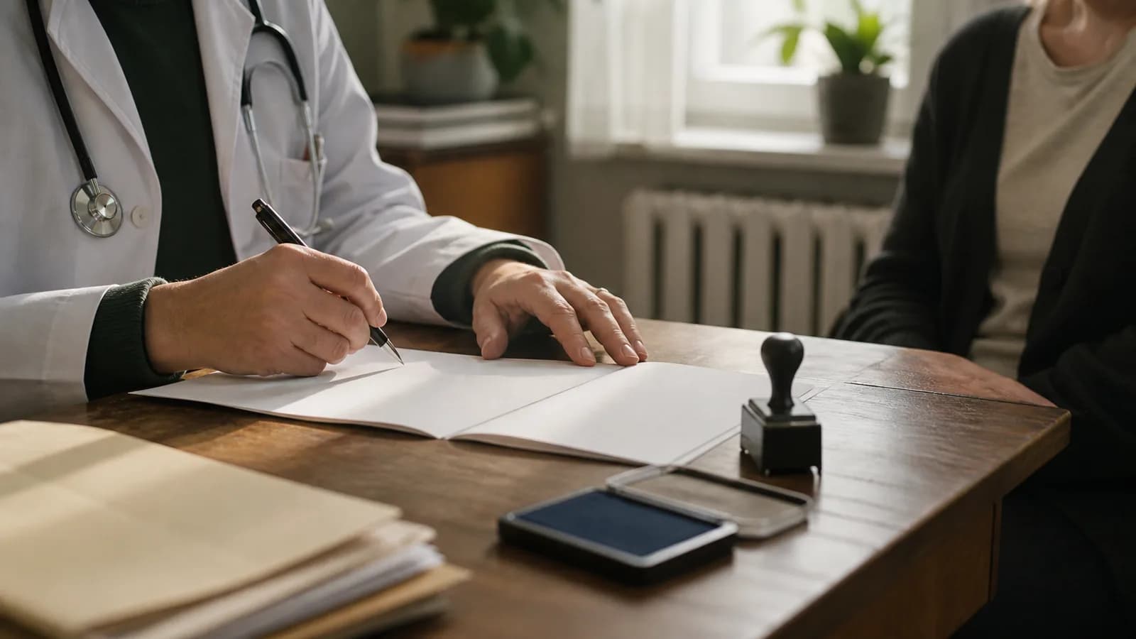 Facharzt füllt einen Arztbrief in zwei Ausfertigungen aus, Stempel und Stempelkissen auf dem Schreibtisch, der Patient sitzt gegenüber.