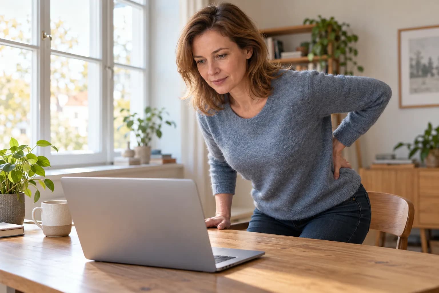 Una mujer de unos cuarenta años se sujeta la zona lumbar al levantarse del escritorio en su despacho en casa, junto a un portátil listo para una consulta online.