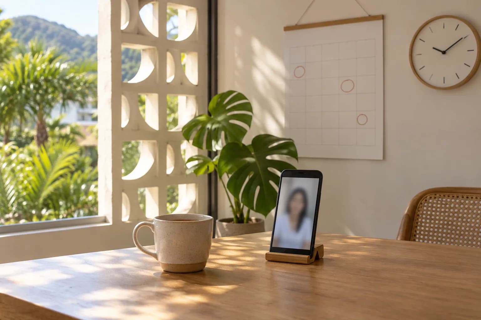 Smartphone on a wooden stand beside a cup of tea in a sunlit Brazilian home, with a blank calendar and an analogue clock on the wall and a monstera plant by the window.