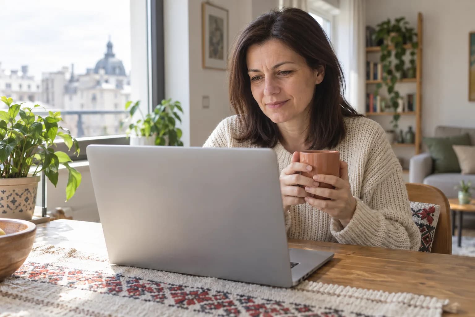 Žena v krémovém pleteném svetru drží oběma rukama teplý hrnek při online konzultaci ve světlém bytě, s tkaným běhounem se vzorem na stole.