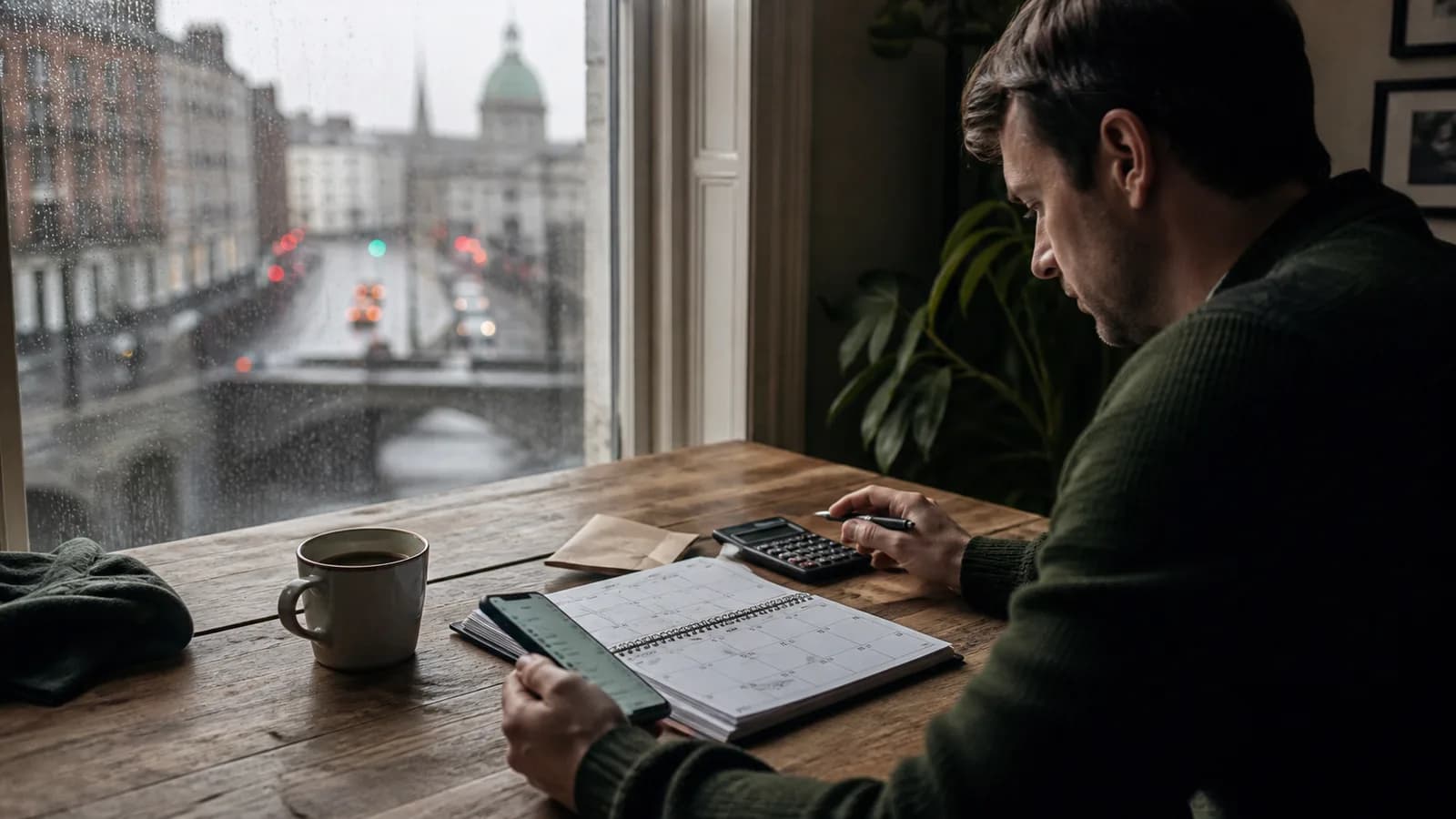 Bărbatul verifică acasă calendarul și bugetul familiei pentru plățile Illness Benefit din Irlanda.