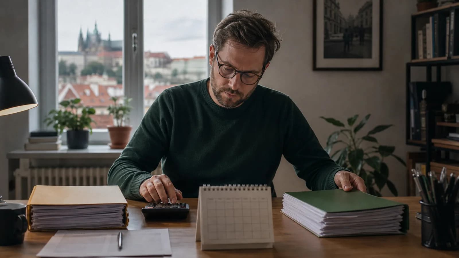 Mann berechnet tschechisches Krankengeld mit Kalender und getrennten Unterlagen von Arbeitgeber und CSSA.