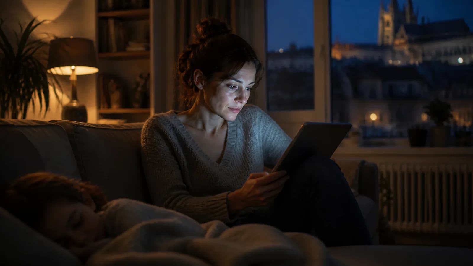 Mulher num apartamento em Praga consulta um médico pelo tablet à noite, com os telhados da cidade à janela.